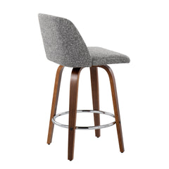 Toriano Mid-Century Modern Fixed-Height Counter Stool in Walnut Wood with Round Chrome Footrest and Grey Noise Fabric by LumiSource - Set of 2