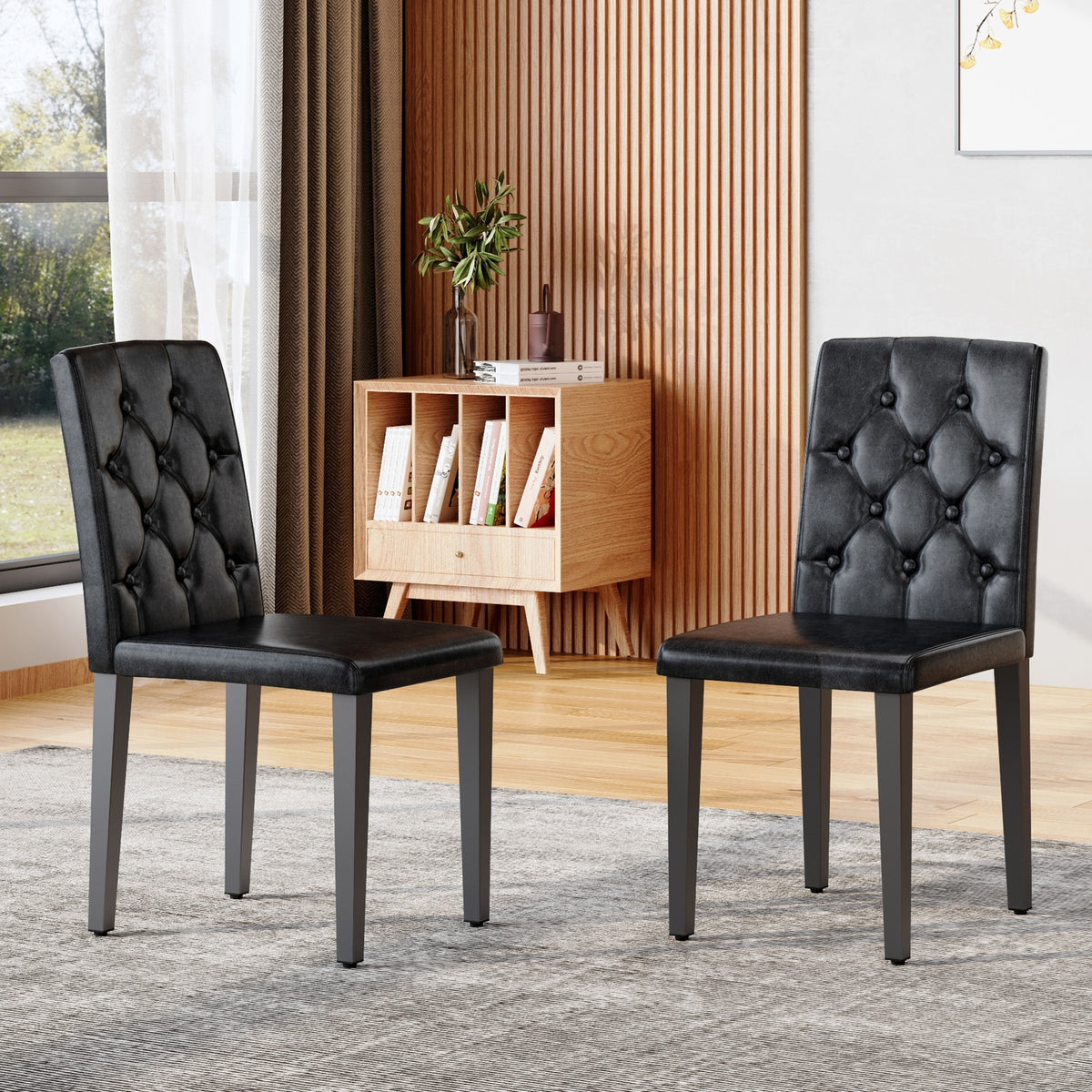 2-pack black PU dining chairs: ergonomic buckle backrest, 35 inches high, black metal legs,Combines Comfort and Texture.Perfectly suitable for family dining rooms, hotel banquet halls,etc.