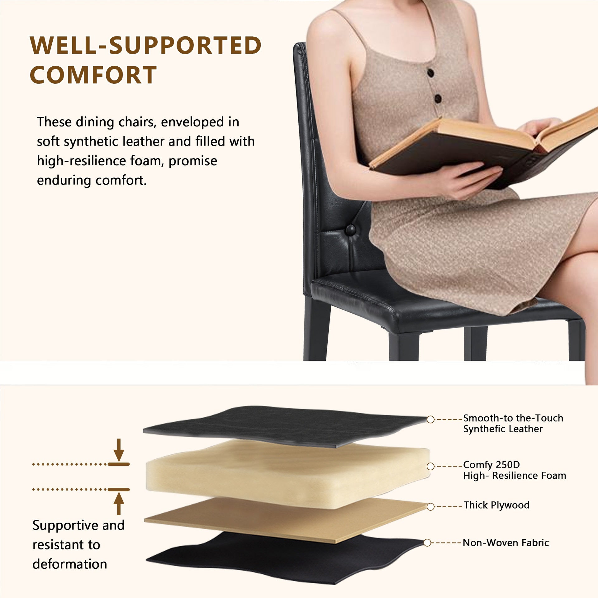 2-pack black PU dining chairs: ergonomic buckle backrest, 35 inches high, black metal legs,Combines Comfort and Texture.Perfectly suitable for family dining rooms, hotel banquet halls,etc.