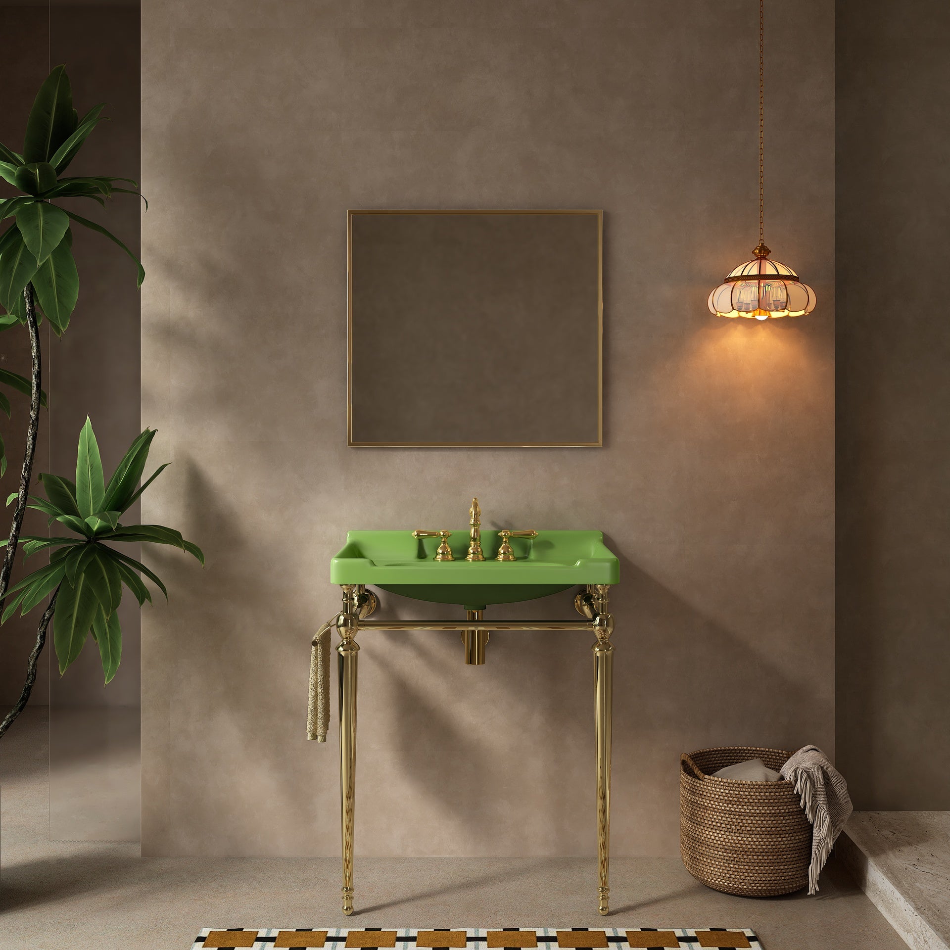 VICI 28" Bathroom Console Sink, Wall-Mounted Green Ceramic Vanity Basin with 3 Pre-drilled Faucet Holes, Freestanding Stainless Steel Support Legs with Towel Bar, No Faucet & Sink Cover, Gold Color