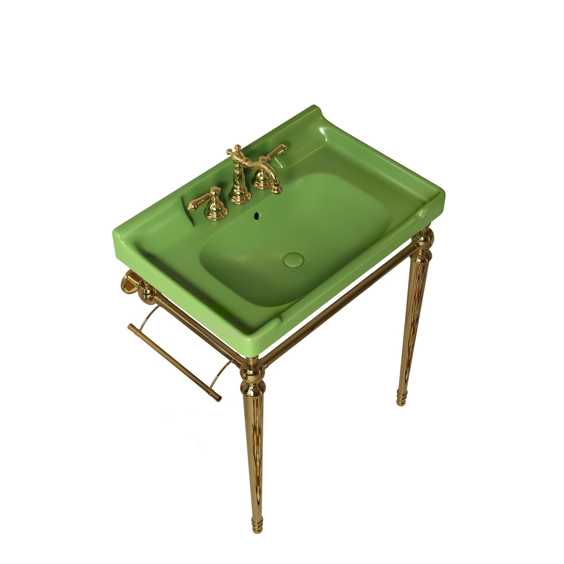 VICI 28" Bathroom Console Sink, Wall-Mounted Green Ceramic Vanity Basin with 3 Pre-drilled Faucet Holes, Freestanding Stainless Steel Support Legs with Towel Bar, No Faucet & Sink Cover, Gold Color