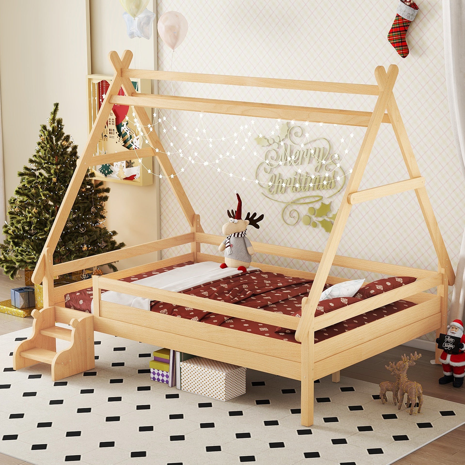 Full House Platform Bed with Stairs, Solid Wood Twin Bed Frame, Low Profile and Childlike Fun Design, Natural