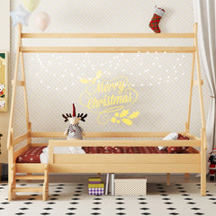 Full House Platform Bed with Stairs, Solid Wood Twin Bed Frame, Low Profile and Childlike Fun Design, Natural