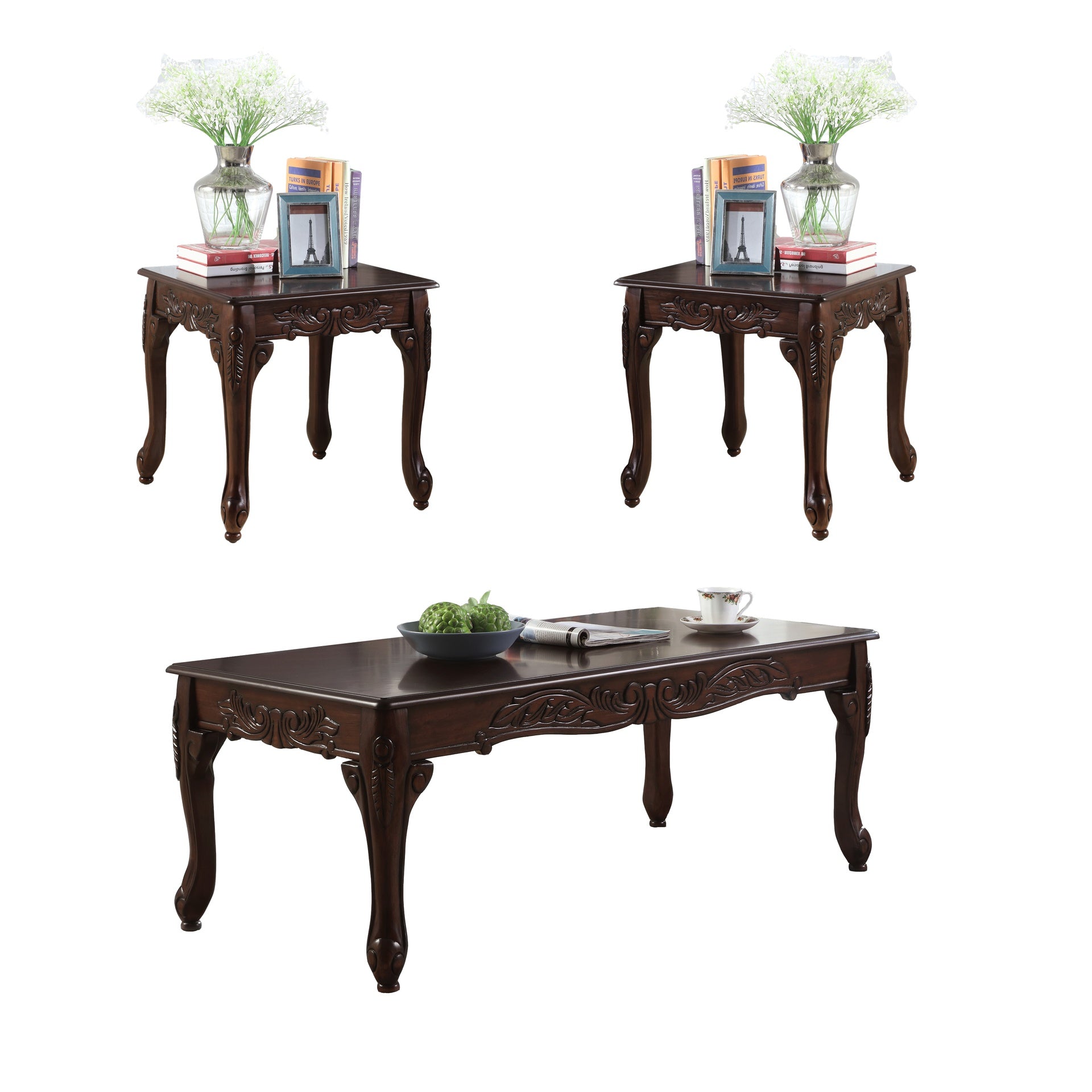 3Pc Dark Cherry Finish Coffee & End Table Set