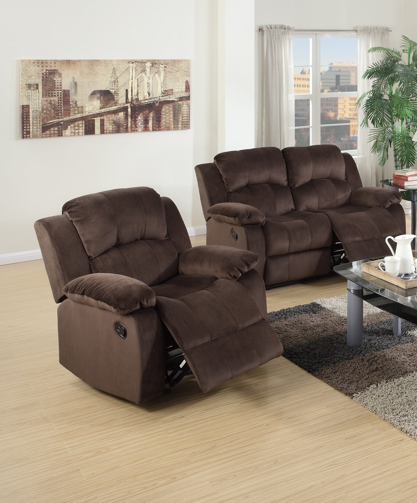 Modern 2pc Living Room Set 1x Loveseat 1x Recliner Suede Padded Cushion Back Pillow Arms Metal Reclining Chocolate Finish Primary Living Room Furniture