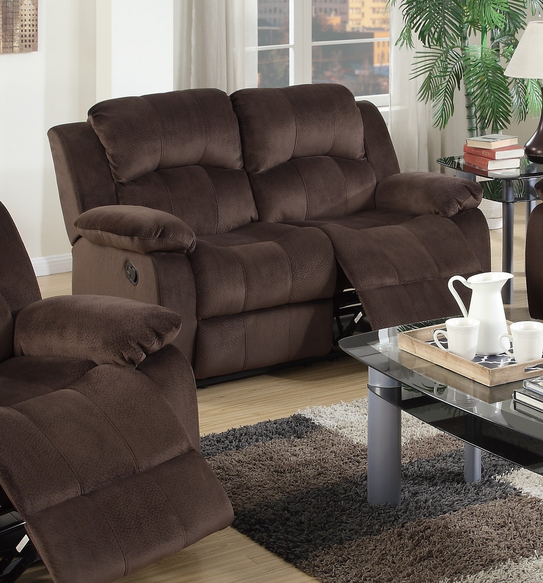 Modern 2pc Living Room Set 1x Loveseat 1x Recliner Suede Padded Cushion Back Pillow Arms Metal Reclining Chocolate Finish Primary Living Room Furniture