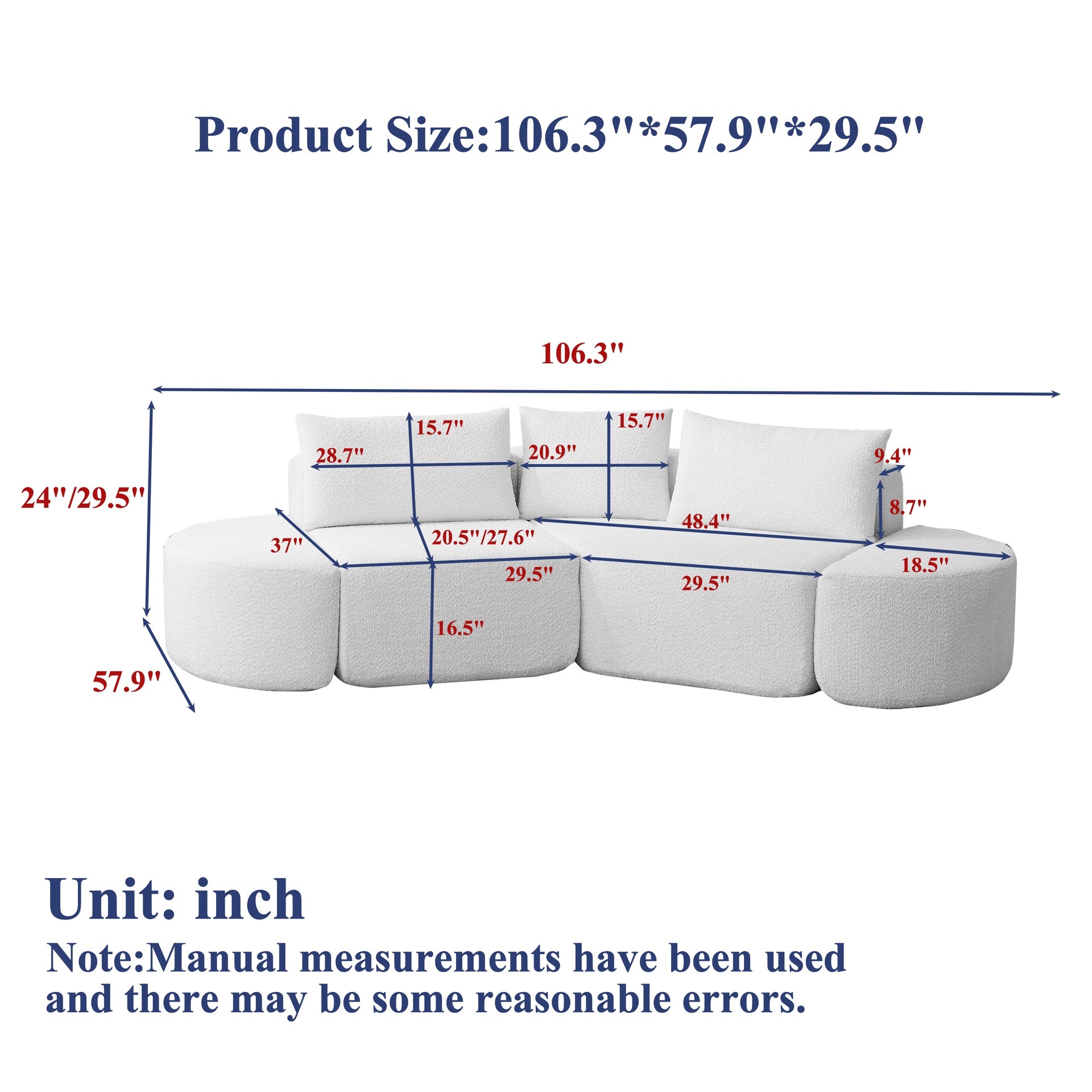 106.3-inch V-shaped modular sofa set in chenille fabric, featuring three throw pillows and two curved ottomans, perfectly suited for living rooms, bedrooms, and offices.beige
