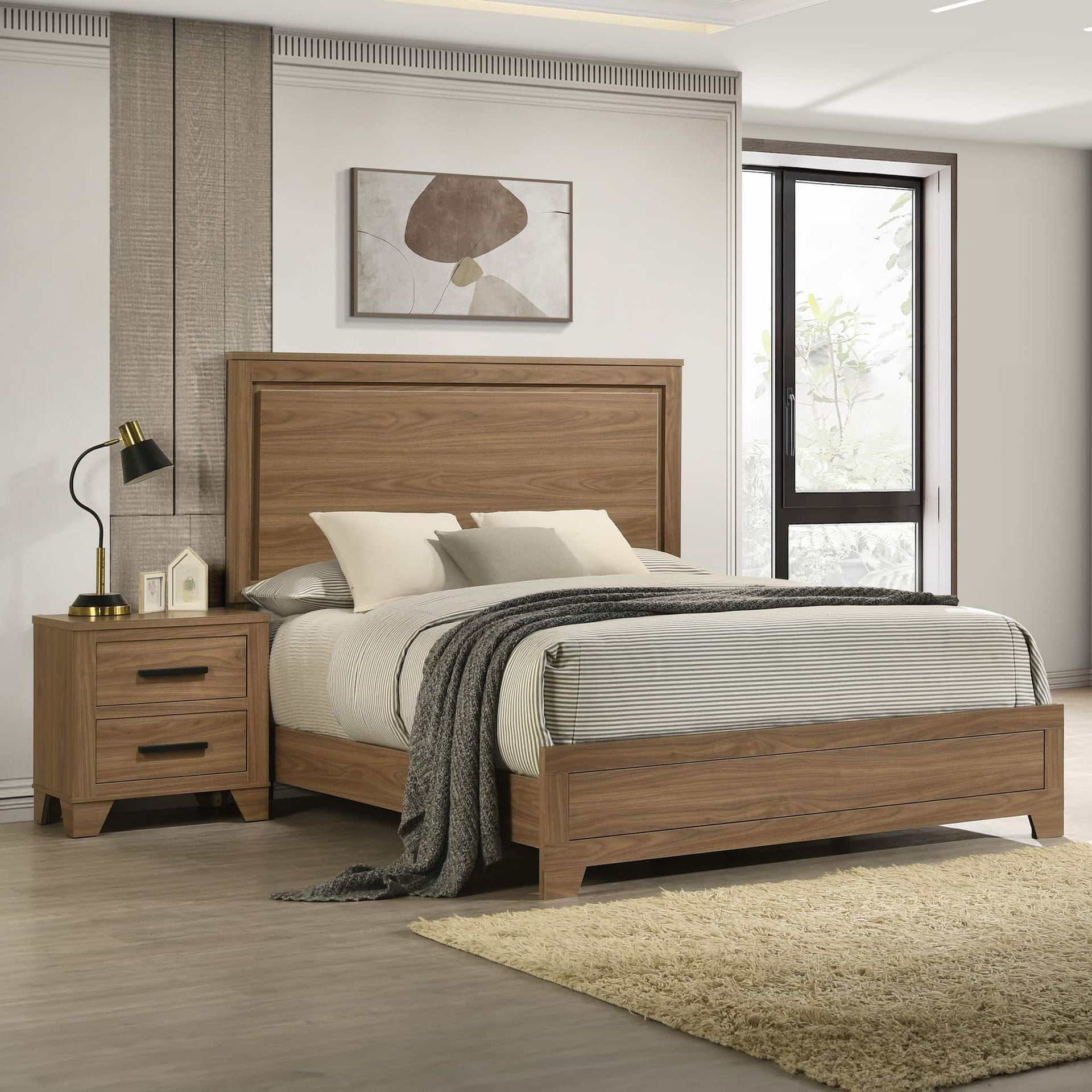 Walnut / Chestnut 3pc Set Est King Size Bed 2x Nightstands Panel HB Bedroom Furniture Wooden Transitional