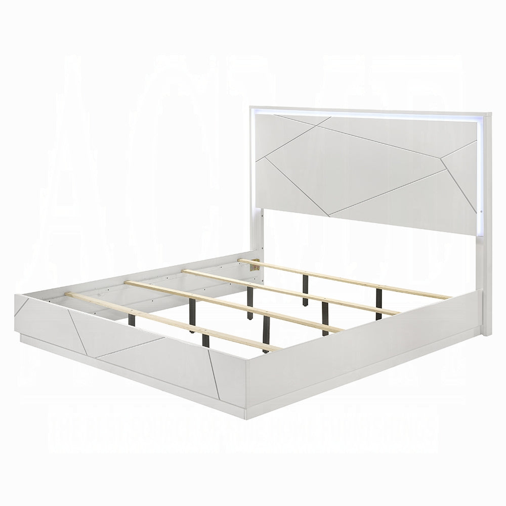 Ultra Modern White Finish Stylish Queen Bed w LED Light Embossed Lines Design Contemporary Bedroom Furniture 1pc