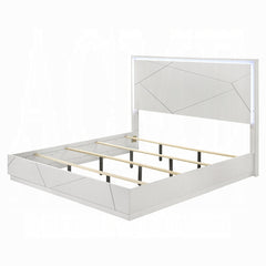 Ultra Modern White Finish Stylish Queen Bed w LED Light Embossed Lines Design Contemporary Bedroom Furniture 1pc