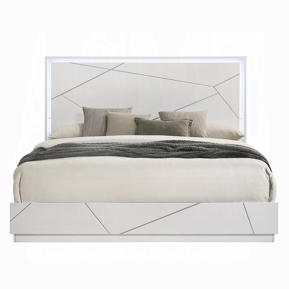 Ultra Modern White Finish Stylish Queen Bed w LED Light Embossed Lines Design Contemporary Bedroom Furniture 1pc