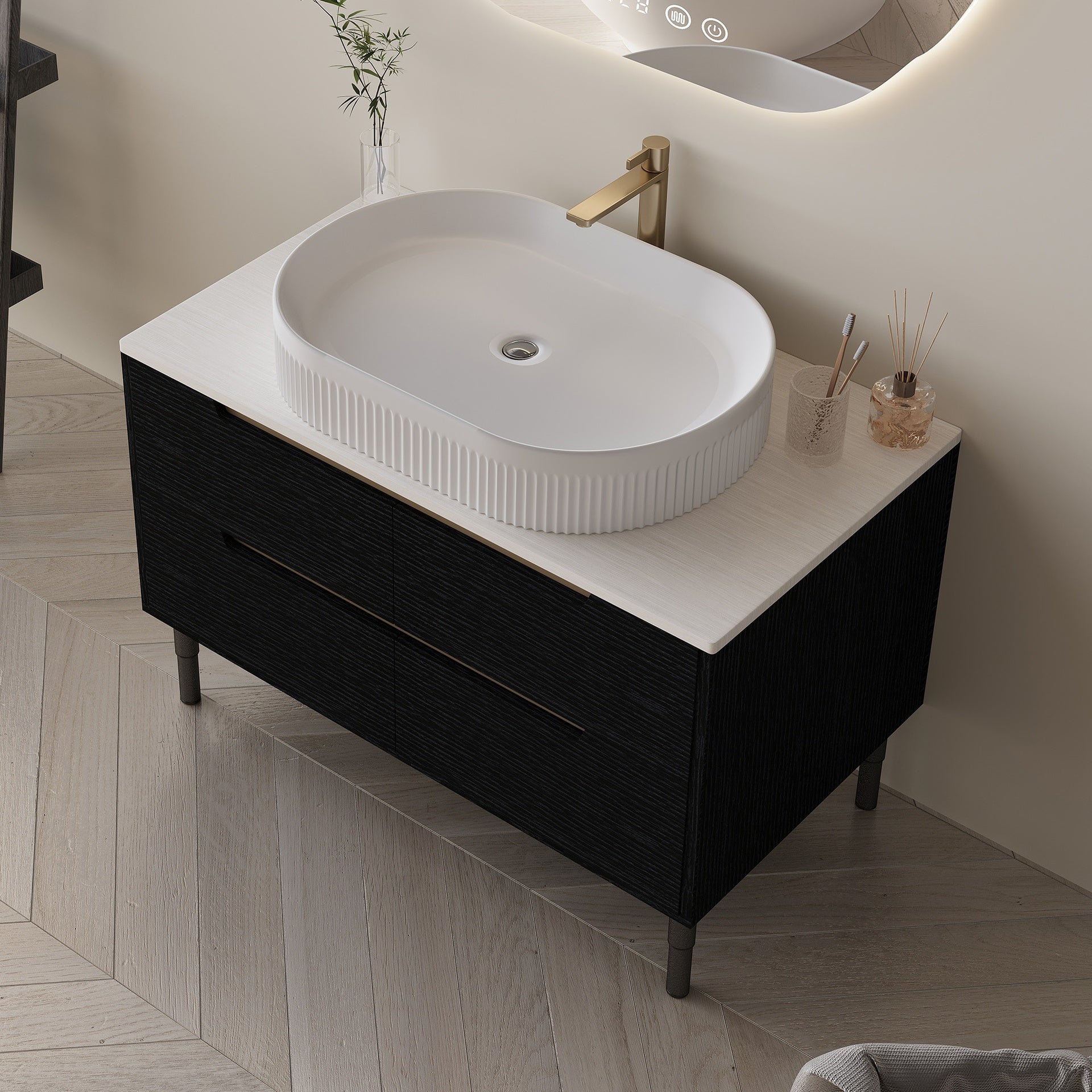 36 inch Bathroom Vanity, Freestanding or Wall Mounted with Ceramic Integrated Sink & Soft-Close Drawers