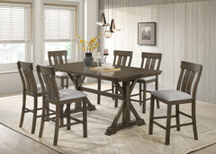 7pc Counter Height Dining Set Beautifully Crafted Dining Table Robust Trestle Base Upholstered Chair Rich Wood Finish Natural Charm Dining Room Furniture Rustic Brown