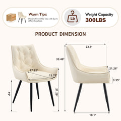 Dining Chairs Set of 2, Off White Faux Leather Dining Room Chair, Metal Kitchen Chairs with Gold Mesh Texture and Black Sanded Legs, Flat Back Upholstered Chair (Off White, Set of 2)