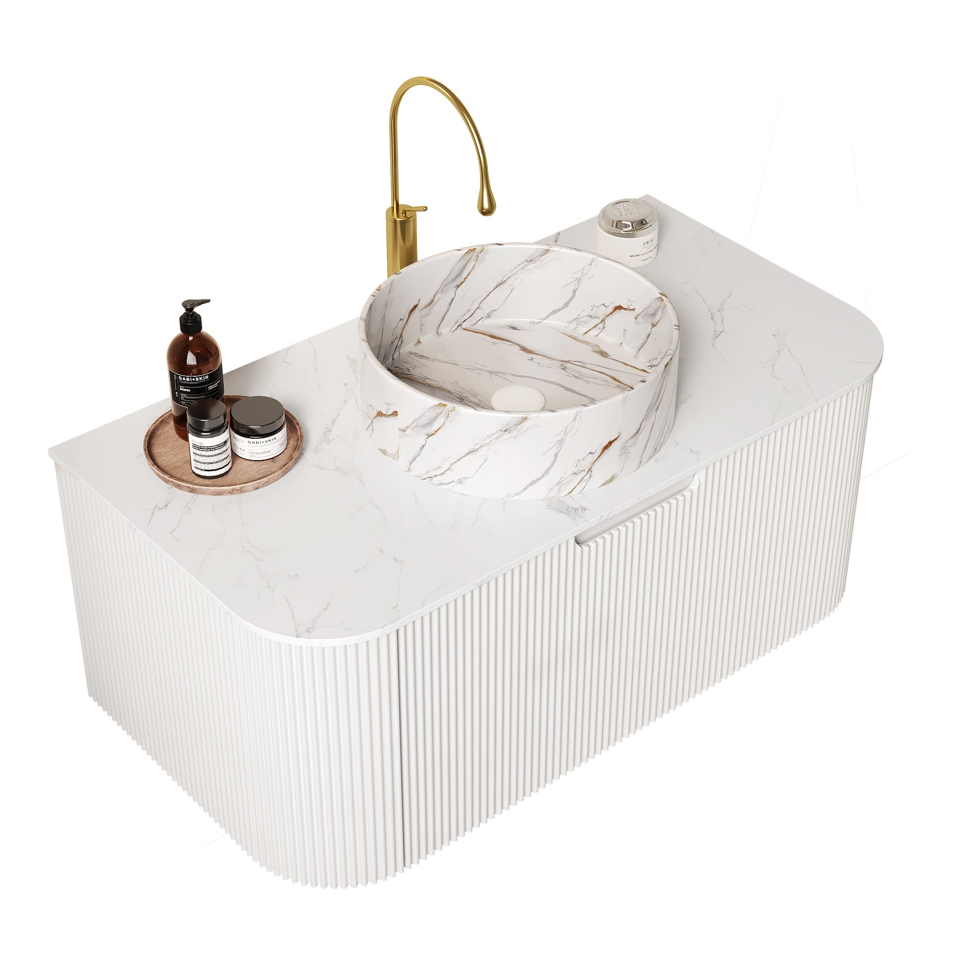 DINA 36" Bathroom Vanity&Sink, Floating Curved Edges Striped Storage Plywood Cabinet with Drawer, Matte Stone White Pattern Round Ceramic Basin&Sintered Stone Top, Pre-assembled, White (New SKU)