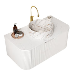 DINA 36" Bathroom Vanity&Sink, Floating Curved Edges Striped Storage Plywood Cabinet with Drawer, Matte Stone White Pattern Round Ceramic Basin&Sintered Stone Top, Pre-assembled, White (New SKU)
