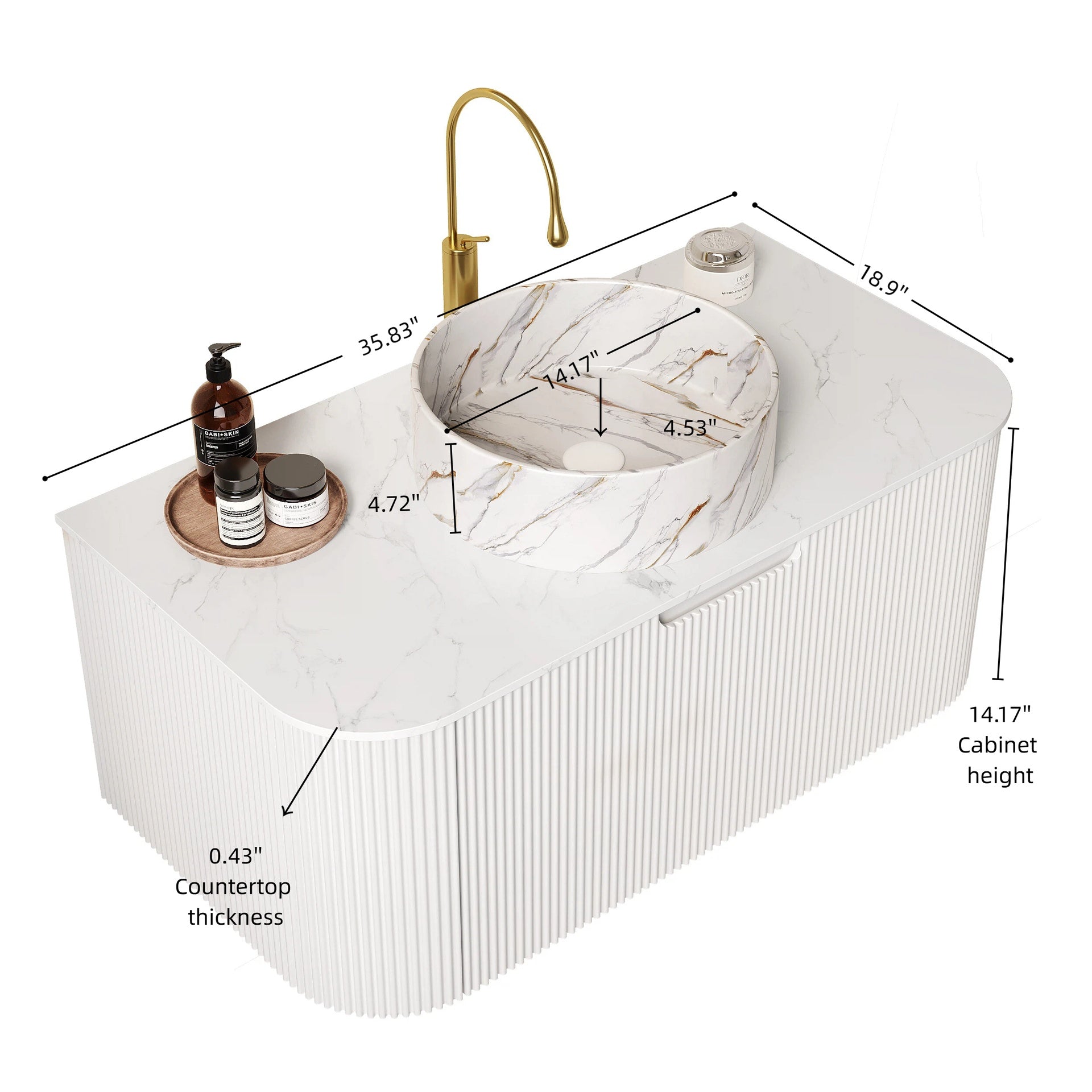 DINA 36" Bathroom Vanity&Sink, Floating Curved Edges Striped Storage Plywood Cabinet with Drawer, Matte Stone White Pattern Round Ceramic Basin&Sintered Stone Top, Pre-assembled, White (New SKU)