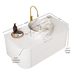 DINA 36" Bathroom Vanity&Sink, Floating Curved Edges Striped Storage Plywood Cabinet with Drawer, Matte Stone White Pattern Round Ceramic Basin&Sintered Stone Top, Pre-assembled, White (New SKU)
