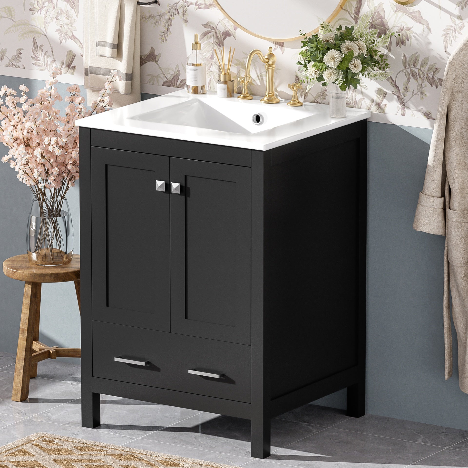 24-inch  bathroom vanity with integrated undermount basin and a storage cabinet featuring 2 doors and 1 drawer. Includes double-layer door shelf, soft-close design, and versatile storage solutions
