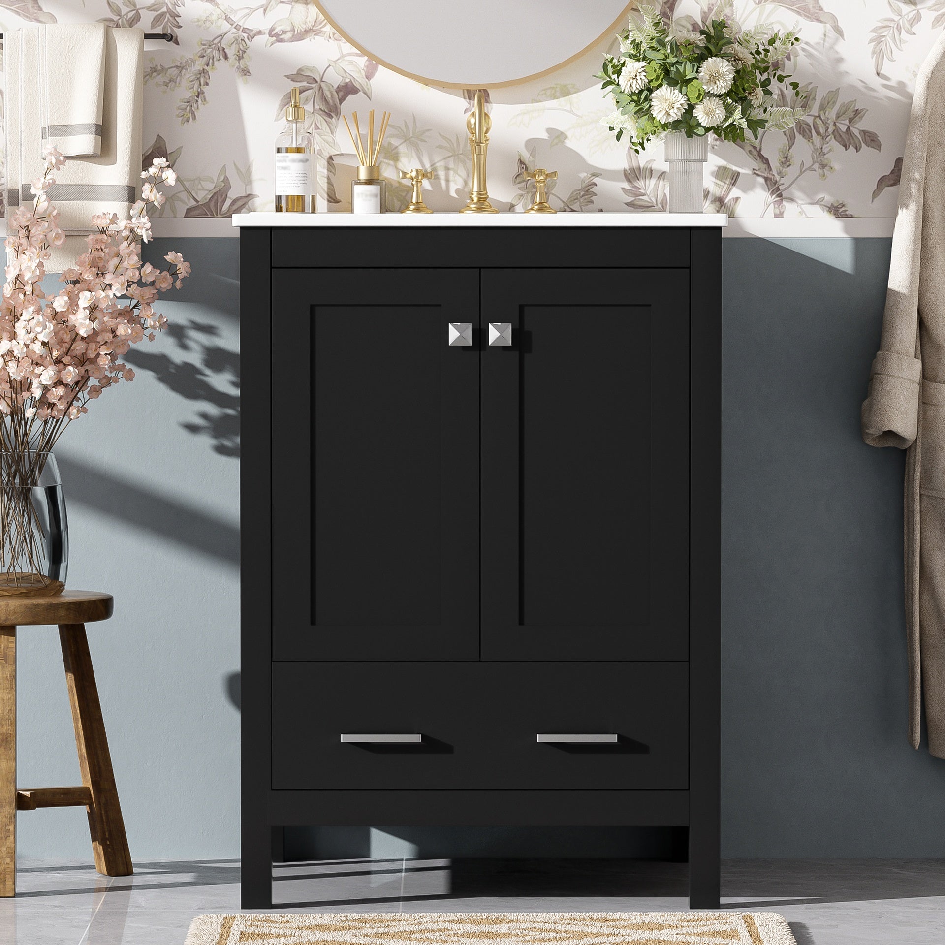 24-inch  bathroom vanity with integrated undermount basin and a storage cabinet featuring 2 doors and 1 drawer. Includes double-layer door shelf, soft-close design, and versatile storage solutions
