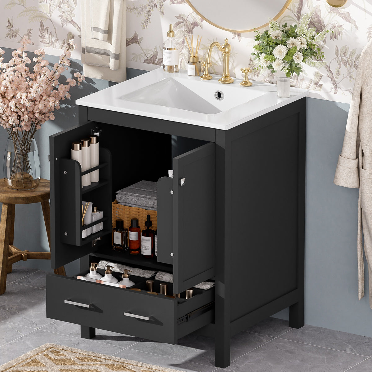 24-inch  bathroom vanity with integrated undermount basin and a storage cabinet featuring 2 doors and 1 drawer. Includes double-layer door shelf, soft-close design, and versatile storage solutions