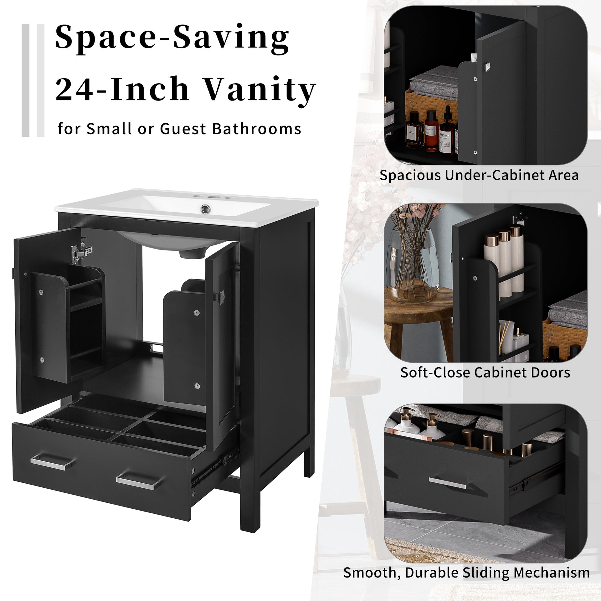 24-inch  bathroom vanity with integrated undermount basin and a storage cabinet featuring 2 doors and 1 drawer. Includes double-layer door shelf, soft-close design, and versatile storage solutions