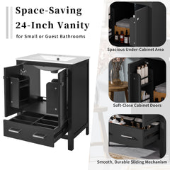 24-inch  bathroom vanity with integrated undermount basin and a storage cabinet featuring 2 doors and 1 drawer. Includes double-layer door shelf, soft-close design, and versatile storage solutions