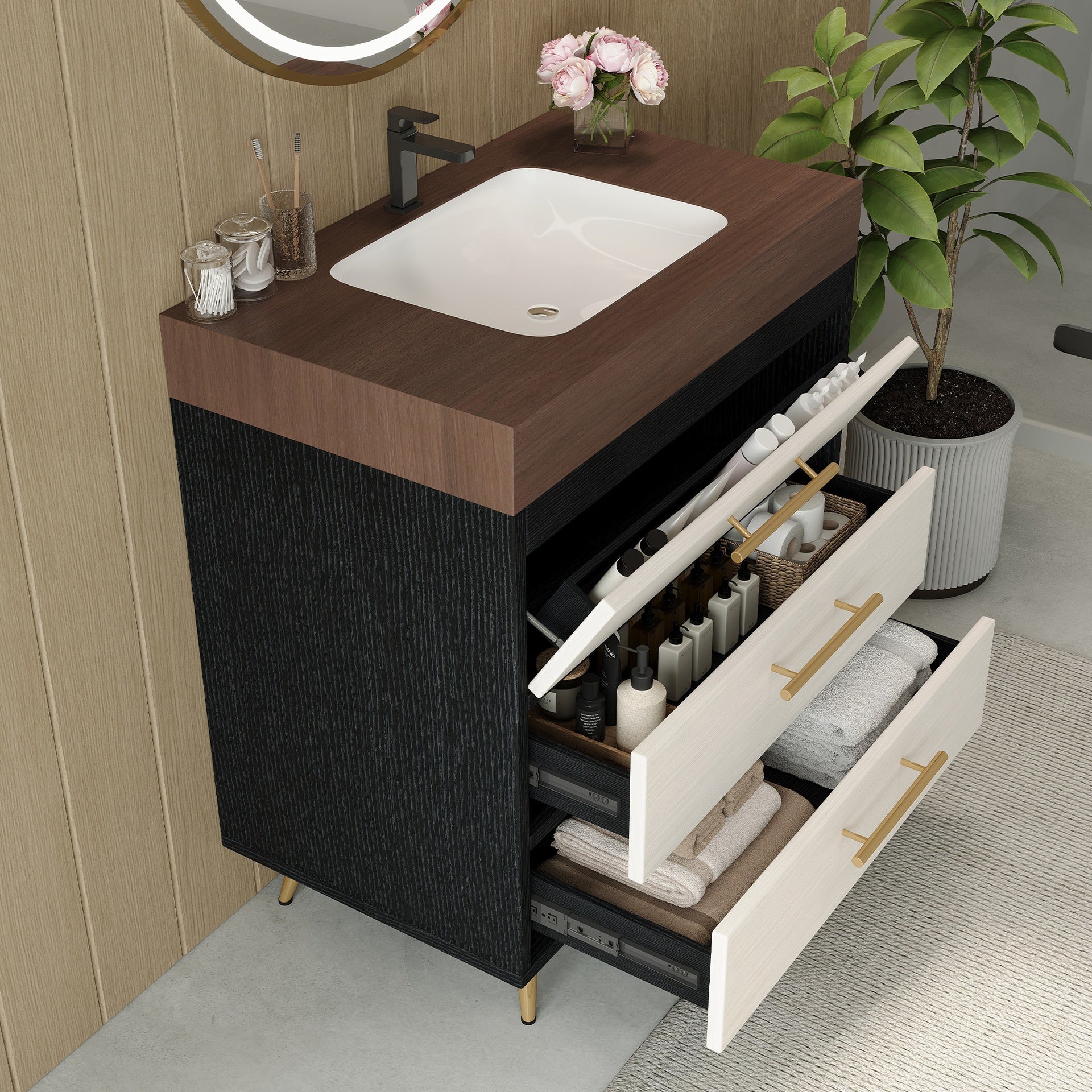 Modern Free-Standing Bathroom Vanity with Ceramic Vessel Sink & Durable Sintered Stone Top