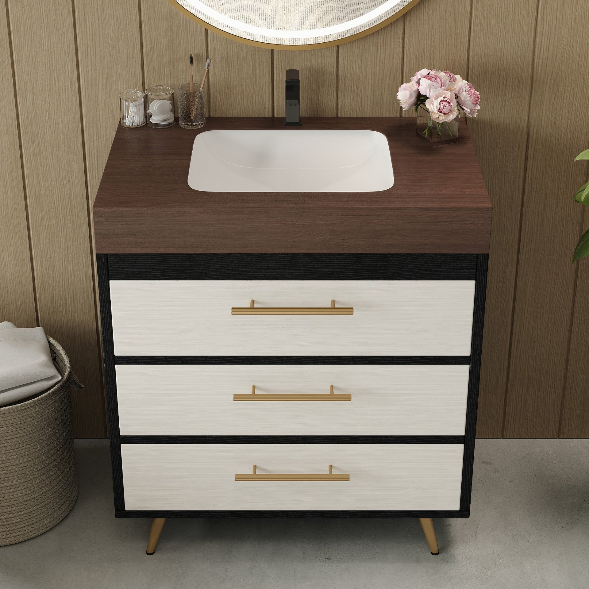Modern Free-Standing Bathroom Vanity with Ceramic Vessel Sink & Durable Sintered Stone Top