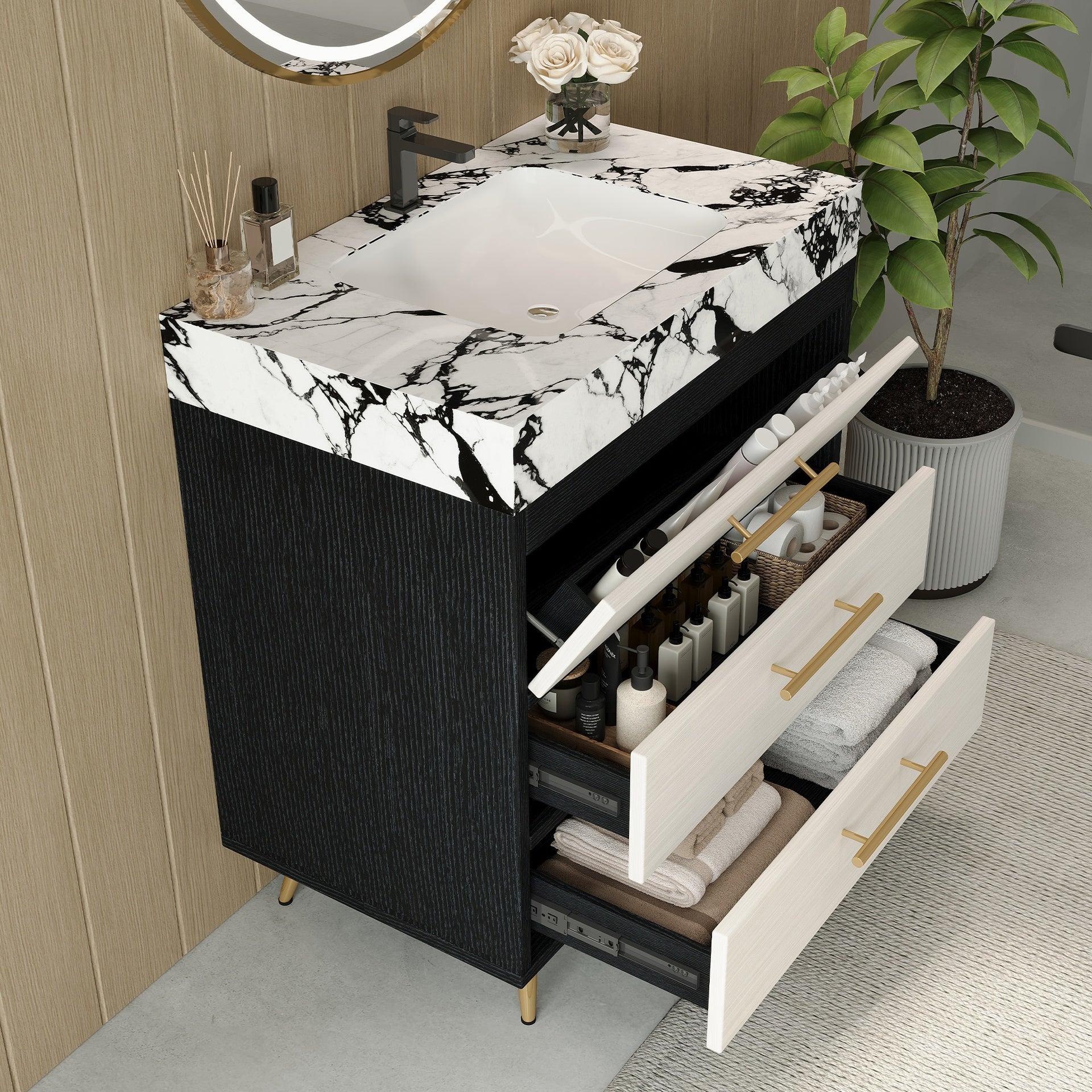 Modern Free-Standing Bathroom Vanity with Ceramic Vessel Sink & Durable Sintered Stone Top