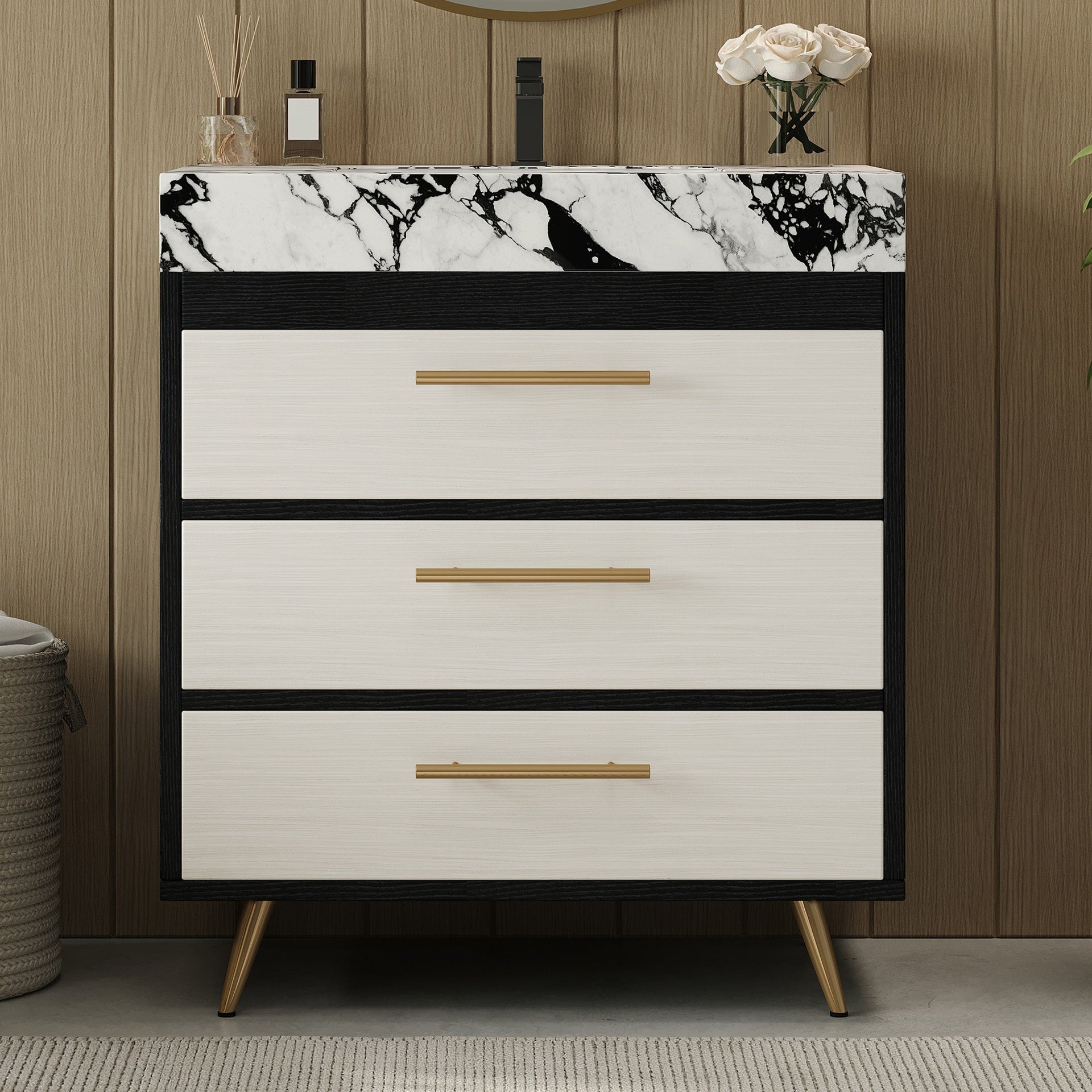 Modern Free-Standing Bathroom Vanity with Ceramic Vessel Sink & Durable Sintered Stone Top