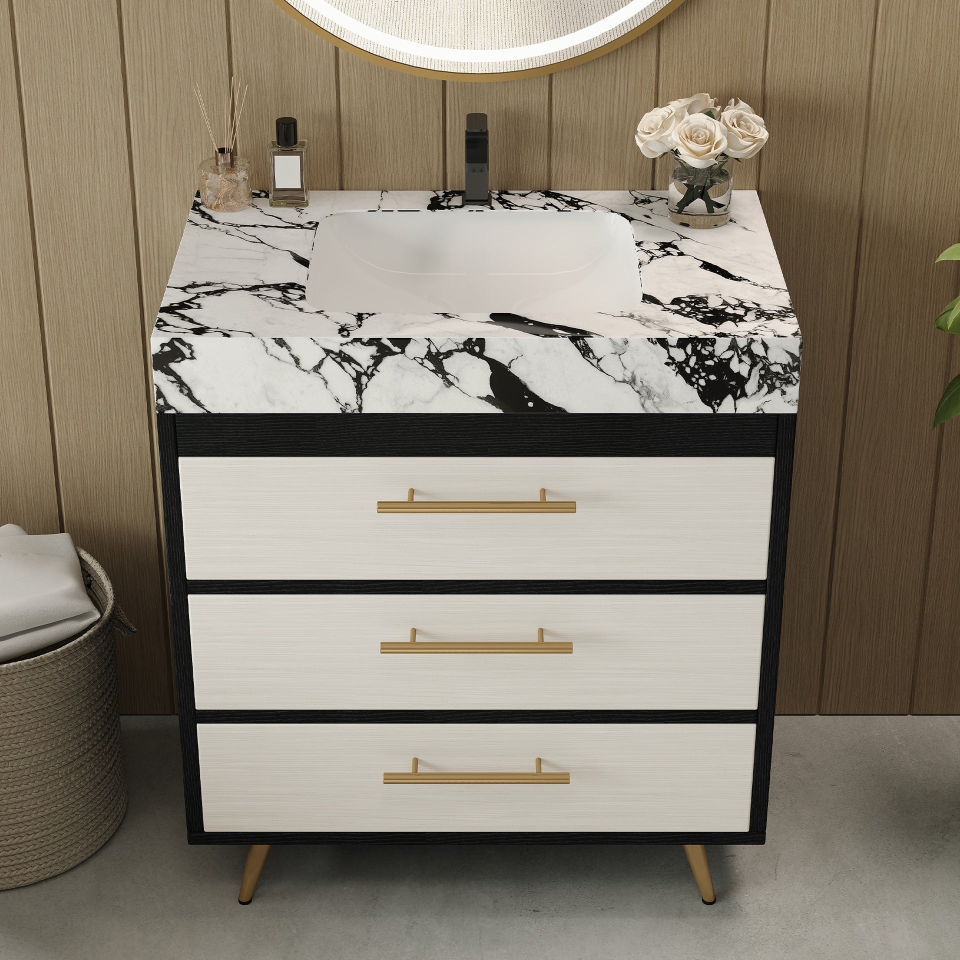 Modern Free-Standing Bathroom Vanity with Ceramic Vessel Sink & Durable Sintered Stone Top