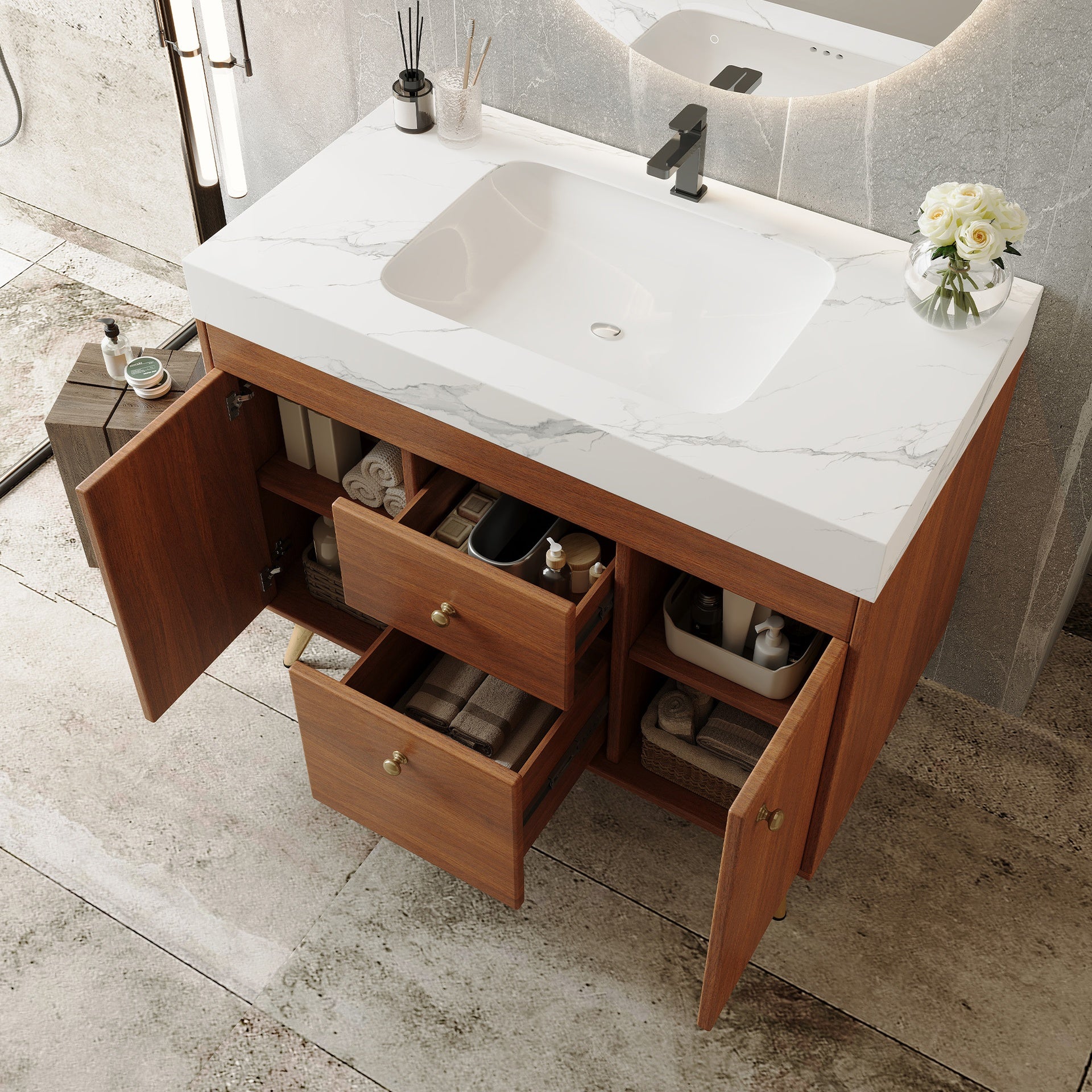 36" Modern Freestanding Bathroom Vanity with Sintered Stone Top, Ceramic Sink & Smart Storage