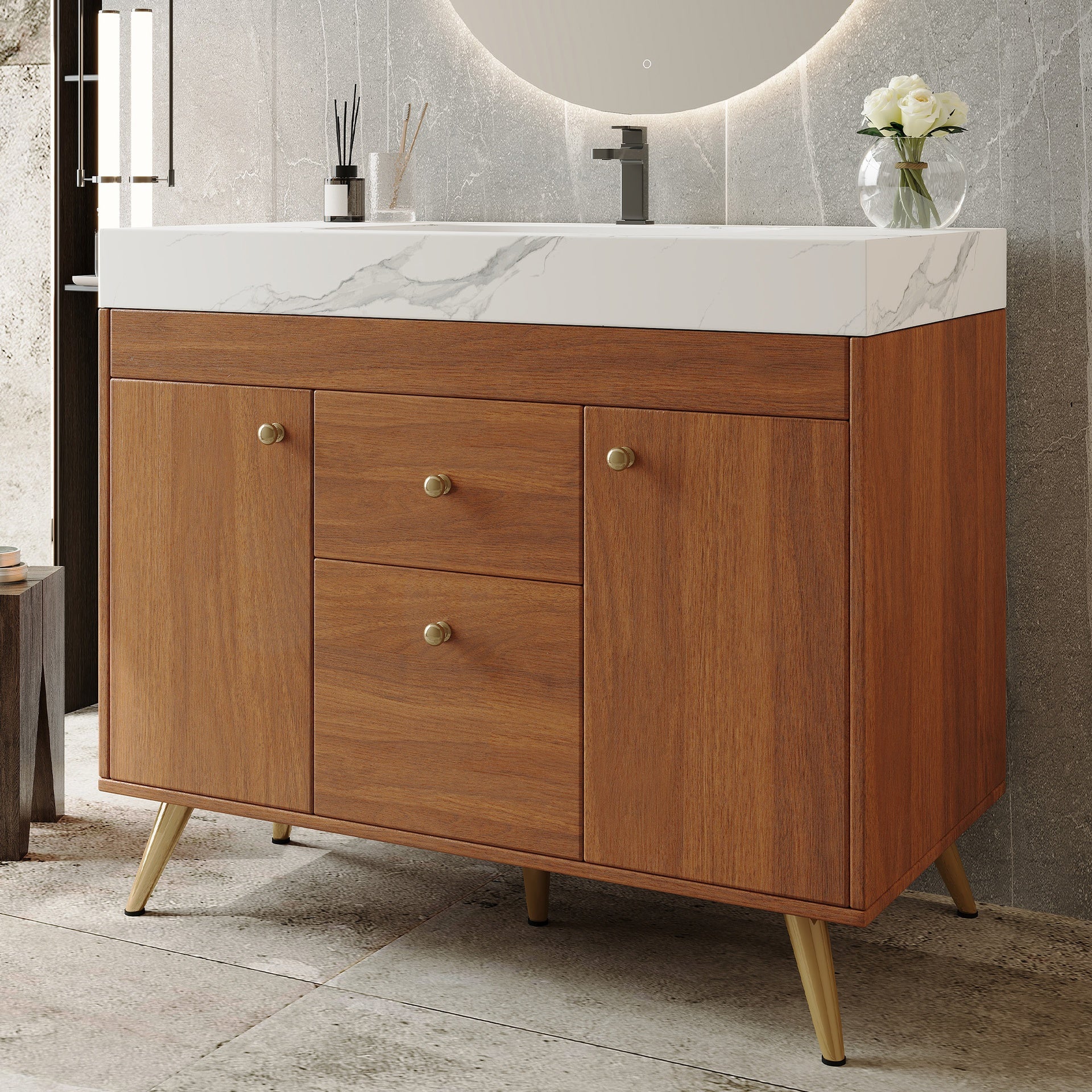 36" Modern Freestanding Bathroom Vanity with Sintered Stone Top, Ceramic Sink & Smart Storage