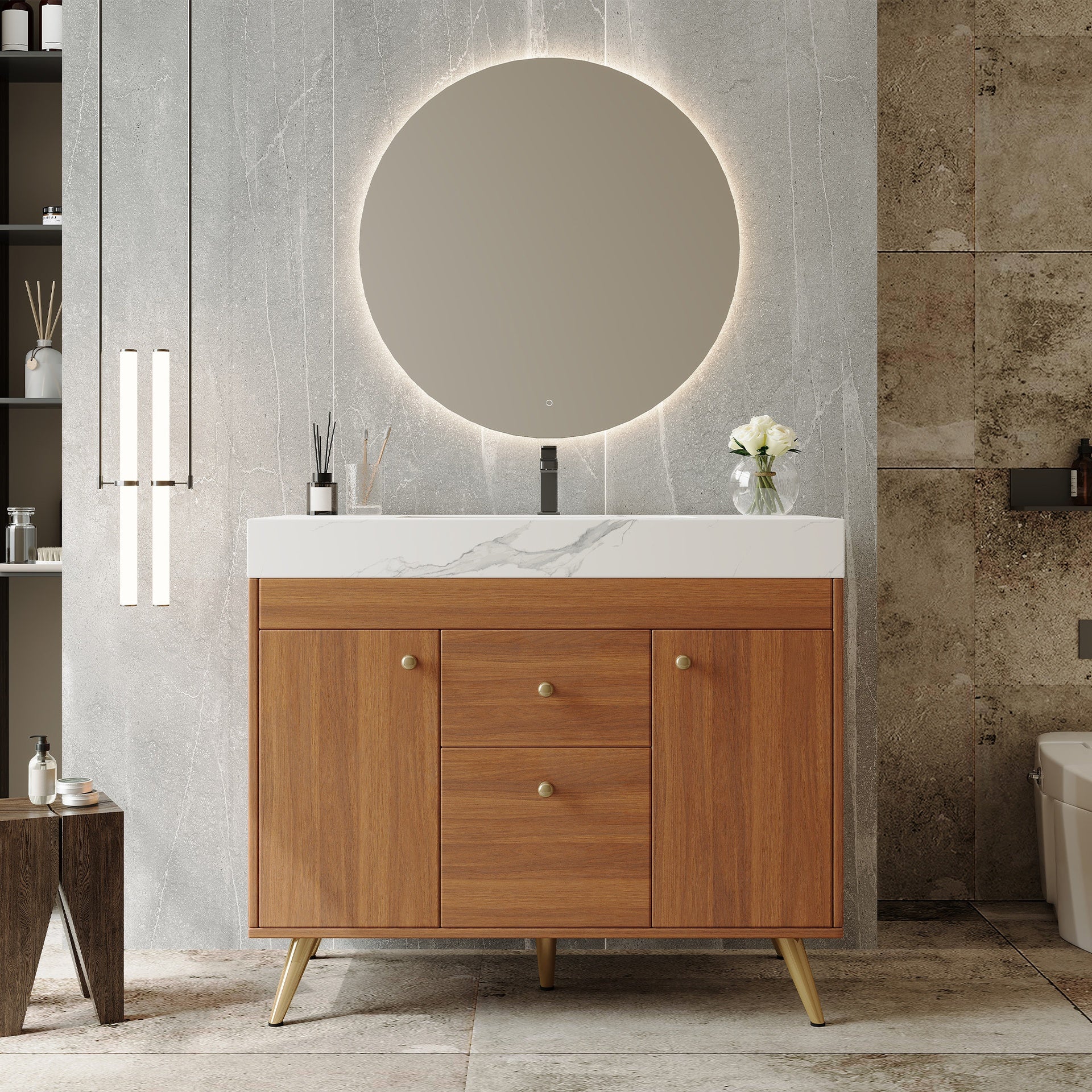 36" Modern Freestanding Bathroom Vanity with Sintered Stone Top, Ceramic Sink & Smart Storage