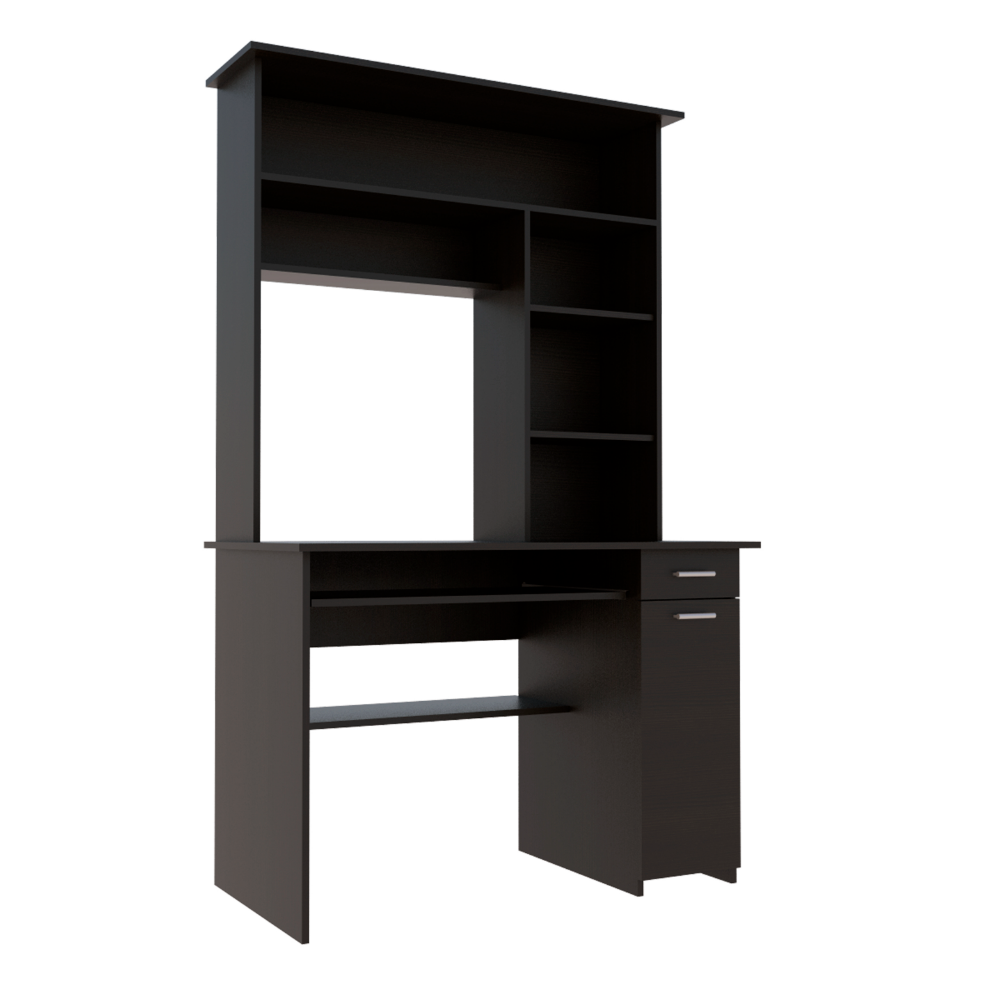 Compu 180 Hutch Desk, Multiple Shelves, Keyboard Tray, CPU anel, One Drawer -Black