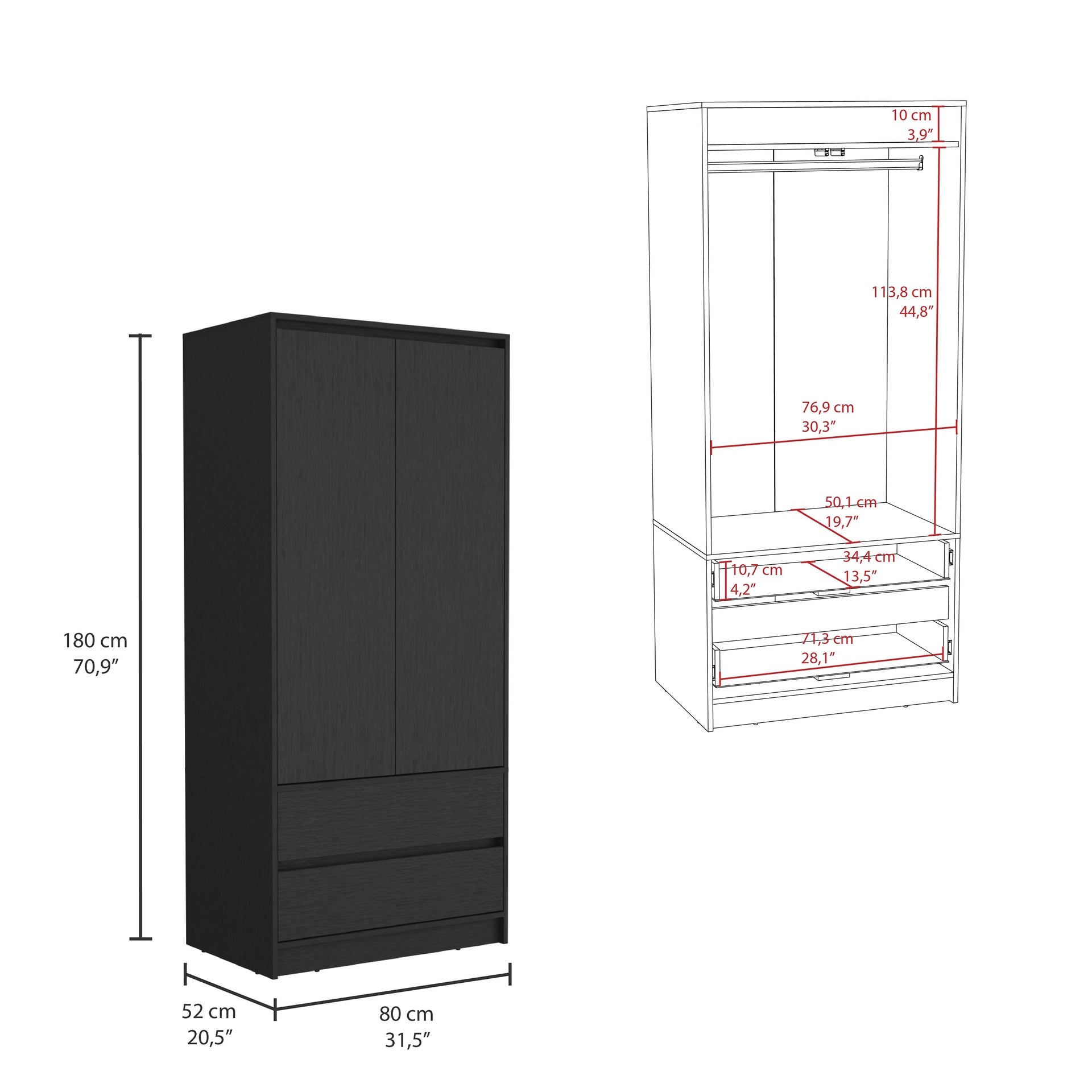 Austin 2 Drawers Armoire, Double Door, Hanging Rod -Black