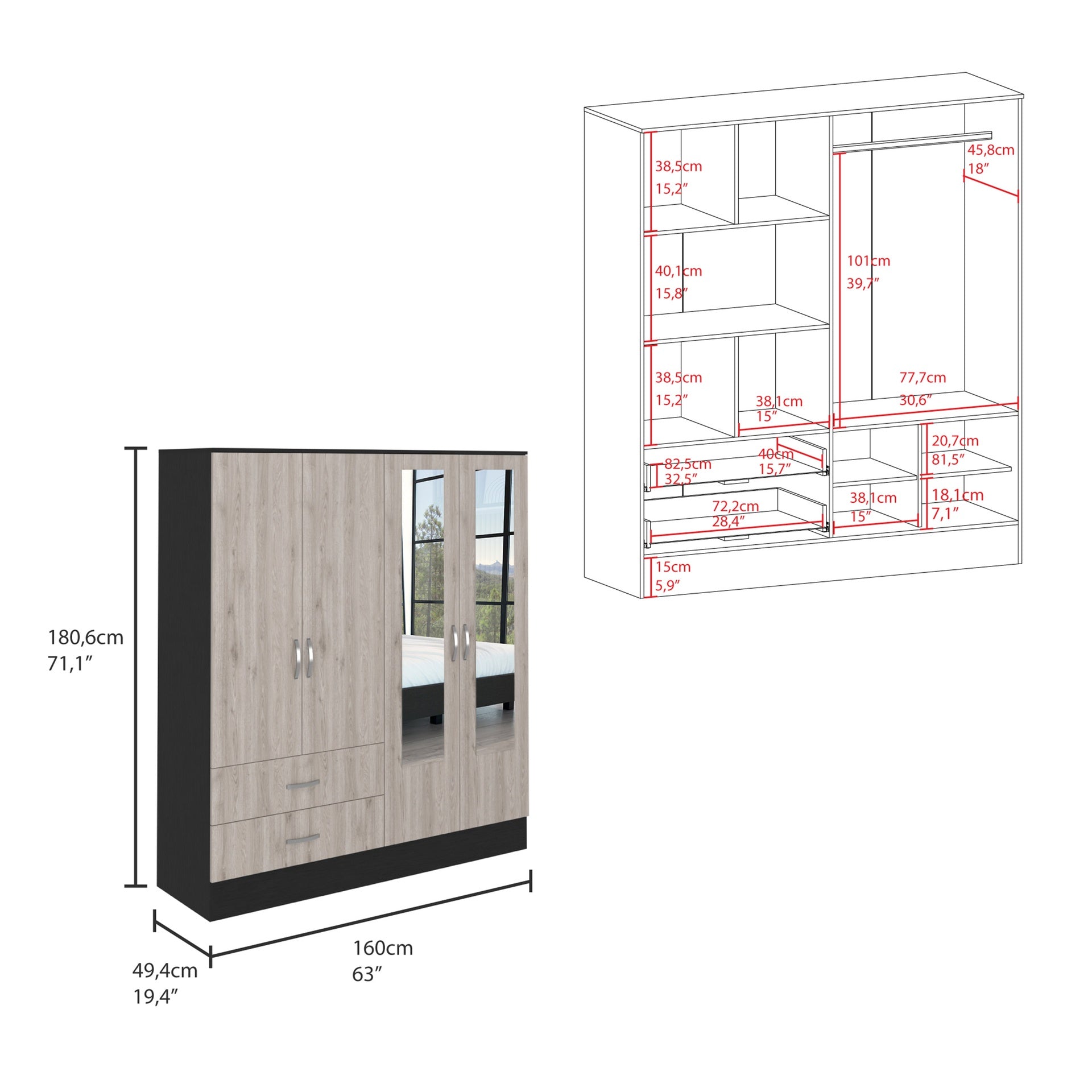 Bolton 160 Armoire, Six Shelves, Two Double Door Cabinets, Two Mirrors, Two Drawers, Rod Black / Light Gray
