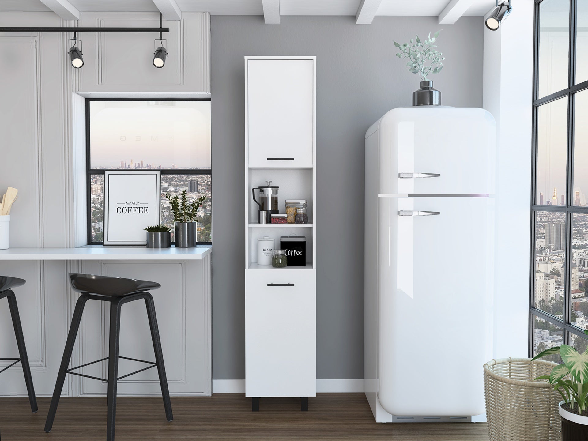 Hobart Pantry, Four Legs, Three Interior Shelves, Two Shelves, Two Cabinets -White