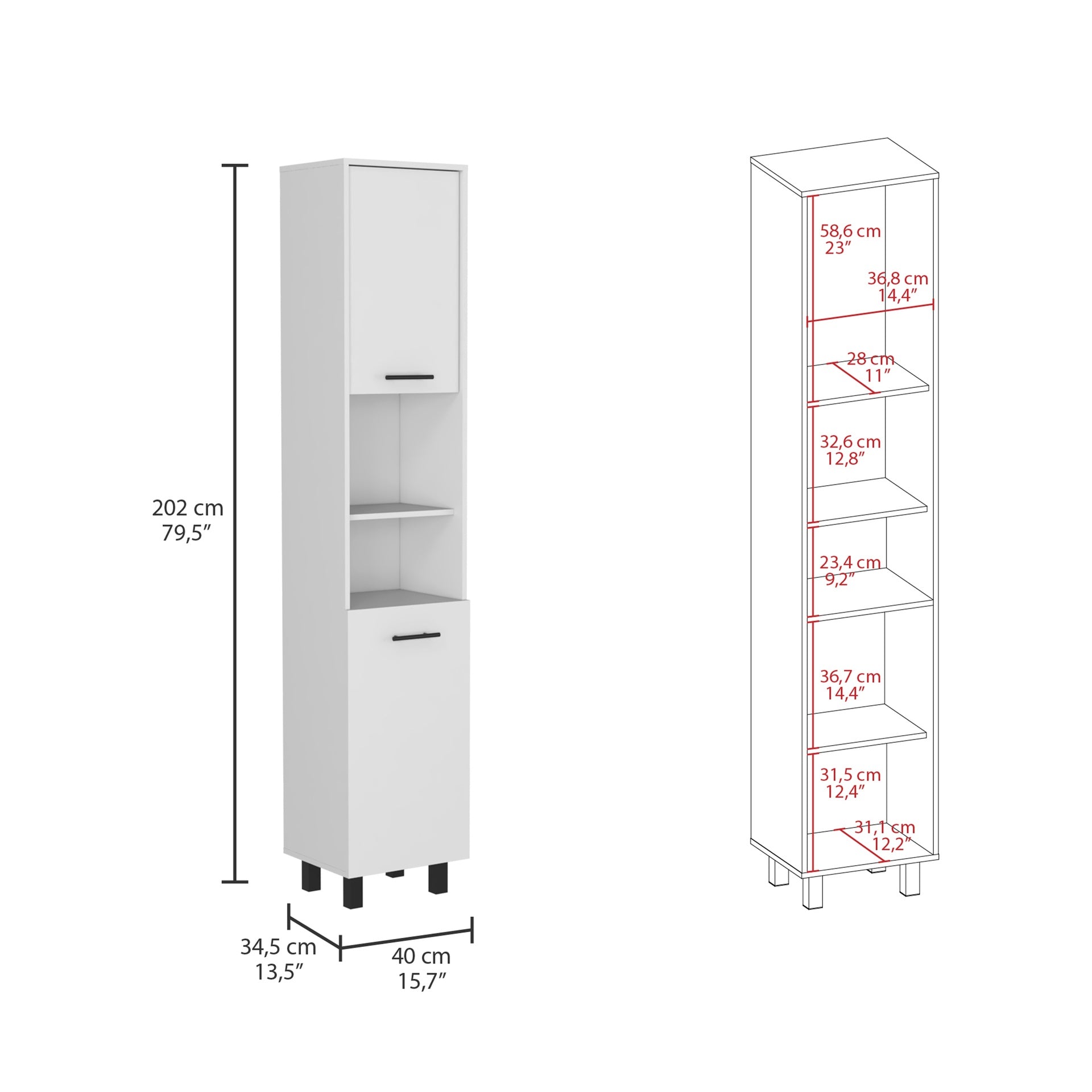 Hobart Pantry, Four Legs, Three Interior Shelves, Two Shelves, Two Cabinets -White