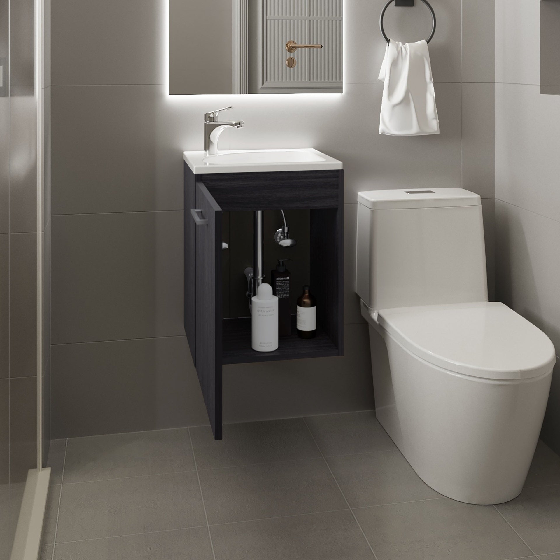 Saju Floating, Wide One-Door Cabinet Vanity, With Resin Sink And One Shelf, Bathroom Storage, Black