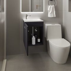 Saju Floating, Wide One-Door Cabinet Vanity, With Resin Sink And One Shelf, Bathroom Storage, Black