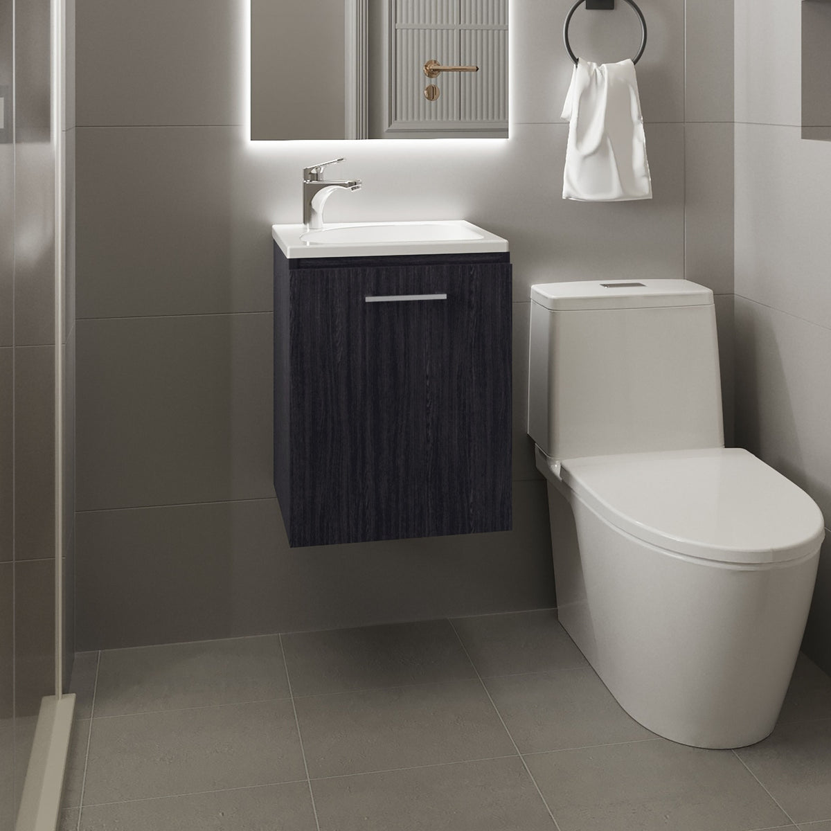 Saju Floating, Wide One-Door Cabinet Vanity, With Resin Sink And One Shelf, Bathroom Storage, Black