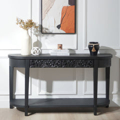 59.2in Black Carved Wooden Console Table with Lower Storage Shelf  Tow Drawers– Elegant Decorative Accent for Entryway, Living Room, and Hallway