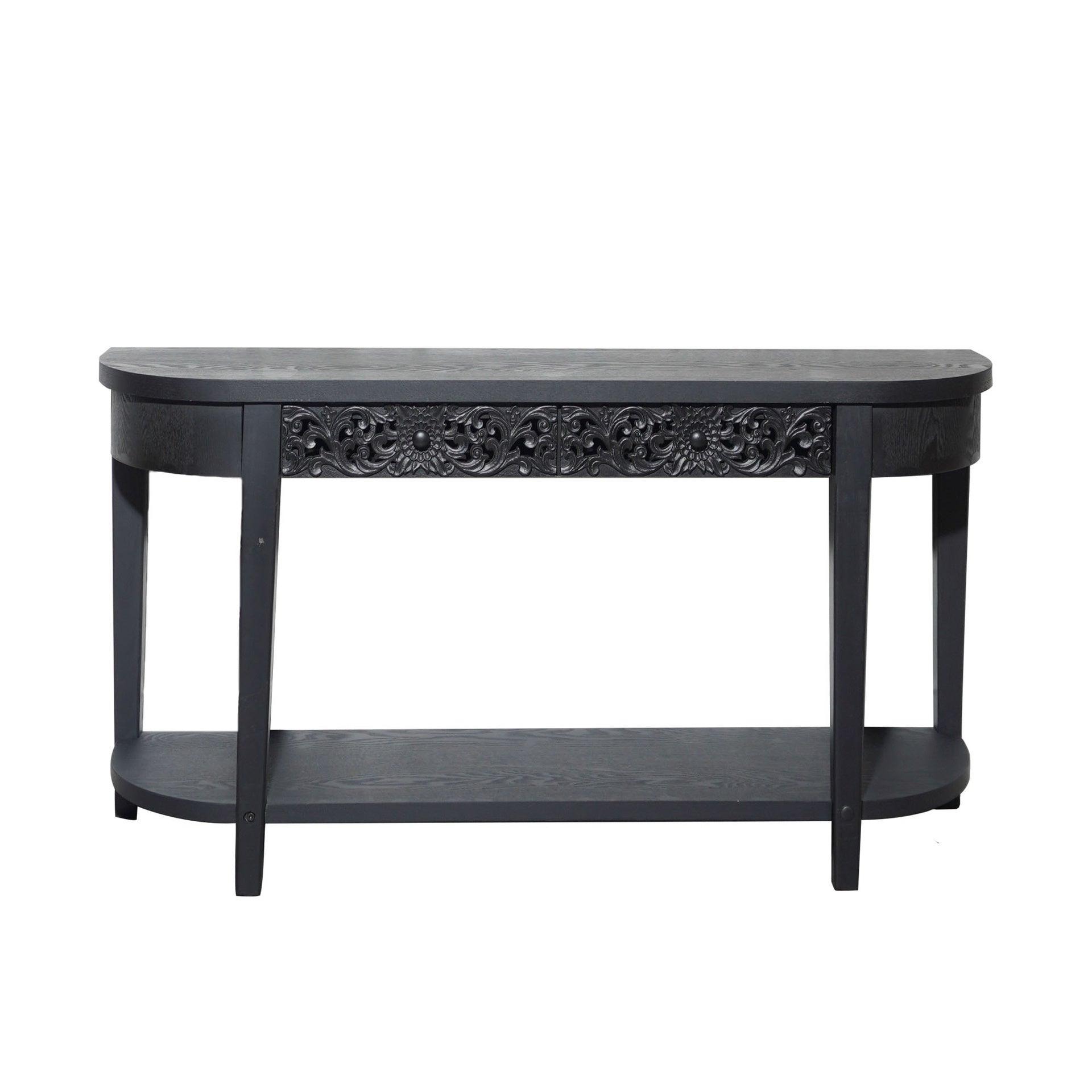 59.2in Black Carved Wooden Console Table with Lower Storage Shelf  Tow Drawers– Elegant Decorative Accent for Entryway, Living Room, and Hallway
