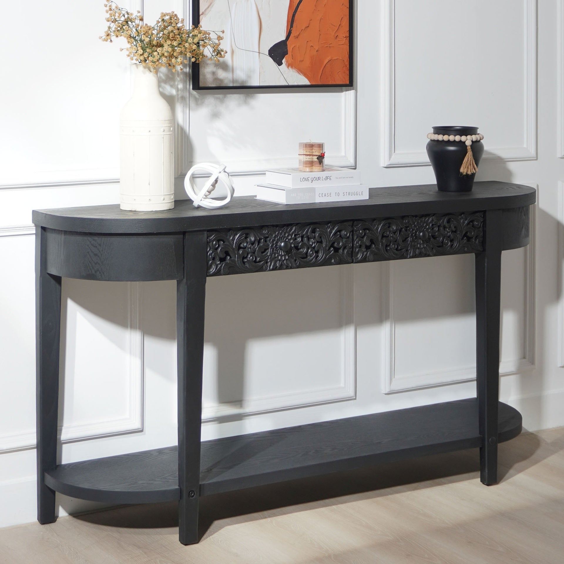 59.2in Black Carved Wooden Console Table with Lower Storage Shelf  Tow Drawers– Elegant Decorative Accent for Entryway, Living Room, and Hallway