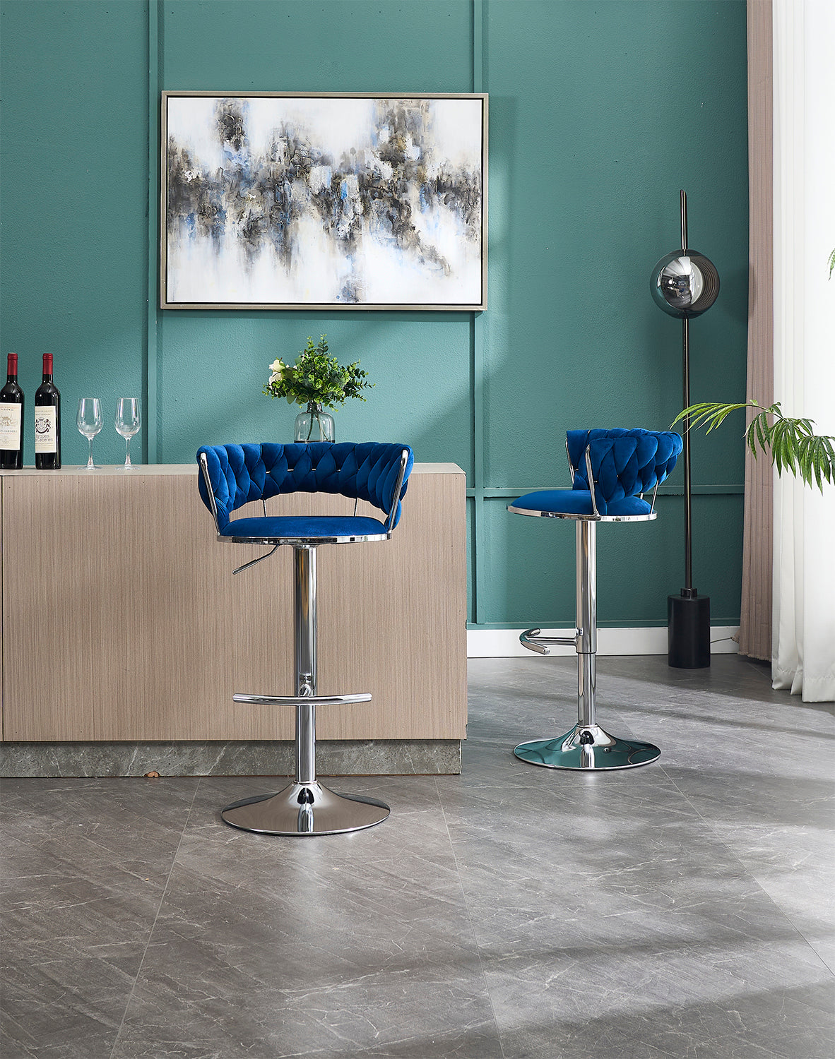 Set of 2 Bar Stools,with Chrome Footrest and Base Swivel Height Adjustable Mechanical Lifting Velvet + Chrome  Leg Simple Bar Stool-BLUE