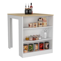 Kitchen Island Table, Two Legs, Three Side Shelves, White / Pine