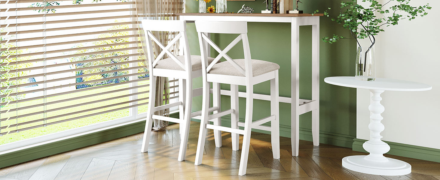 TOPMAX Farmhouse 48"Rectangular Wood Bar Height Dining Set Kitchen Breakfast Nook with 2 Chairs for Small Places,Brown+White+Beige