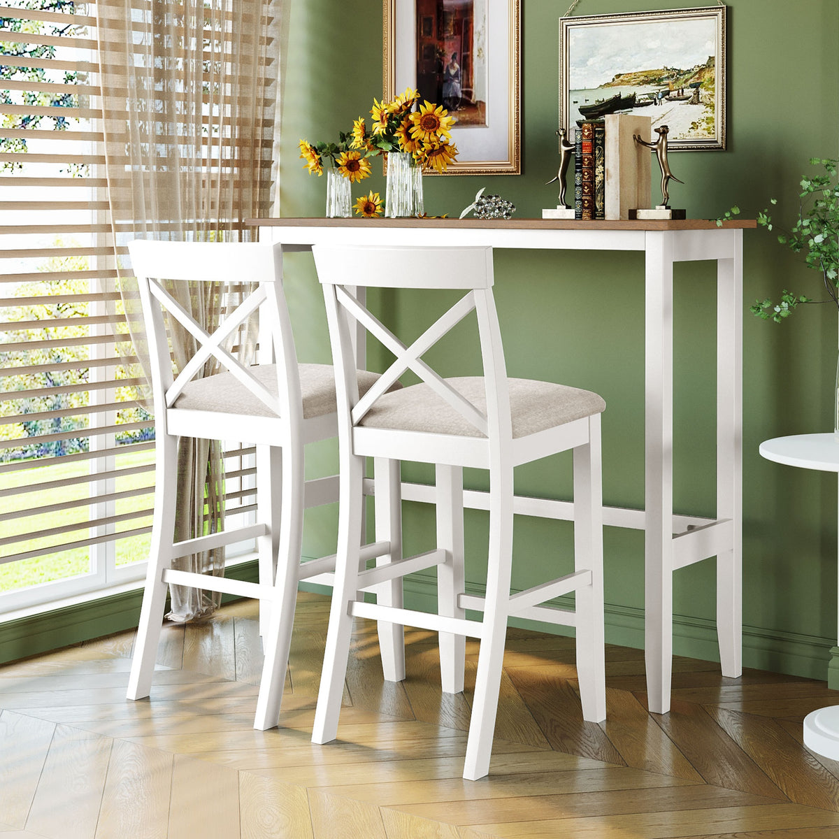 TOPMAX Farmhouse 48"Rectangular Wood Bar Height Dining Set Kitchen Breakfast Nook with 2 Chairs for Small Places,Brown+White+Beige